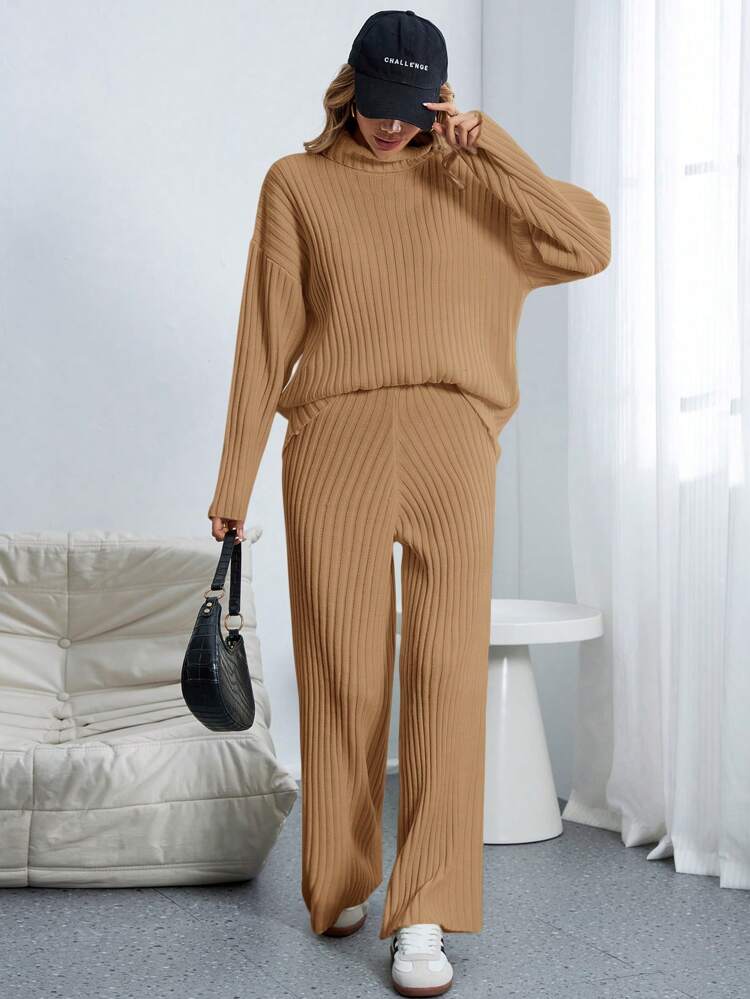 Ladies' Solid Color High Neck Sweater And Wide Leg Pants Two-Piece Set