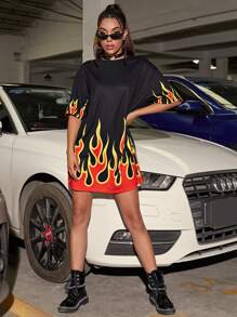 SHEIN EZwear Fire Print Drop Shoulder Tee Dress - Black - View 4