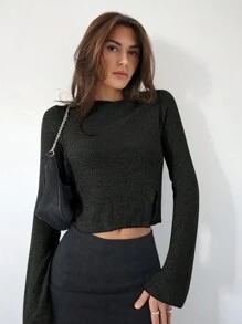 Siren Gaze 女士返校衬衫修身衬衫灰色罗纹针织不对称开叉下摆喇叭袖圆领休闲 T 恤秋季