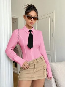 SHEIN EZwear 女款純色長袖襯衫 - 粉色 - 查看 3