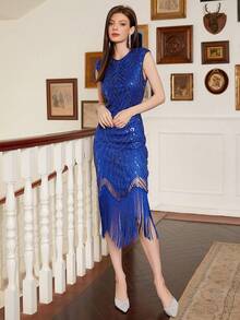 Vestido De Cóctel De Fiesta Azul Con Flecos Brillantes En El Dobladillo - Azul - Ver 4