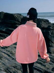 In My Nature Funnel Neck Drop Shoulder Sleeve Outdoor Sweatshirt - Pink - View 2