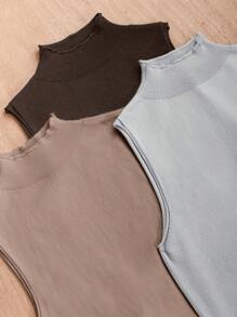 SHEIN Essnce 3pcs/Set Half High Neck Ribbed Knitted Sleeveless Top Combination - Multicolor - View 5