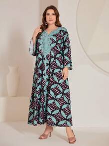 Al Najma Plus Size Women's Lace Splicing All Over Print Dress