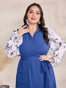 Mulvari Plus Size Women's Plant Print Ruffle Hem Long Sleeve Belted Dress