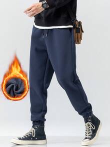 男款純色抽繩腰部抓絨運動褲 - 藏蓝色 - 查看 1