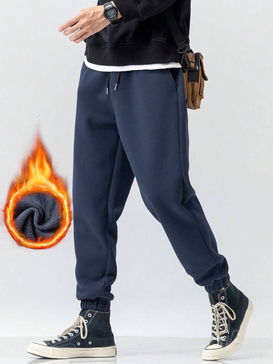 男款純色抽繩腰部抓絨運動褲 - 藏蓝色 - 查看 1