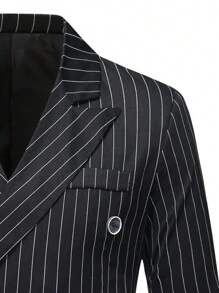 Calvornis Men Striped Double Breasted Blazer & Suit Pants Set - Black - View 3
