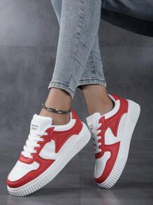大码女式拼色学生运动鞋、连帽鞋、低帮户外运动鞋 - 紅白色 - 查看 2