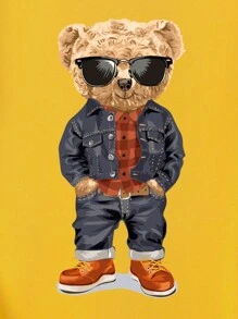 Men's Vintage Hooded Jacket With Personalized Printed Bear, Zipper Closure, Drawstring Hem For Casual/Outdoor Sports - Yellow - View 4