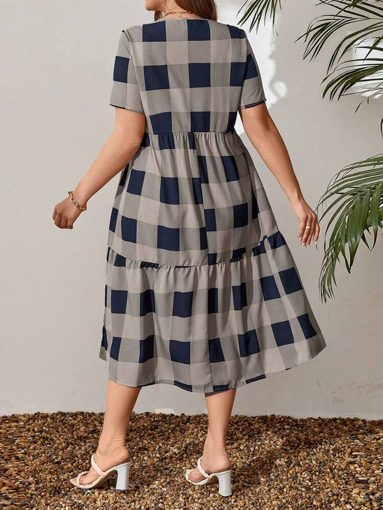 Vestido De Verão Xadrez Gingham Com Babado De Borda Para Mulheres Tamanho Grande