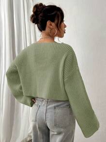 SHEIN Unity 女士纯色 V 领罗纹针织休闲毛衣、七分袖上衣 - 綠色 - 查看 2