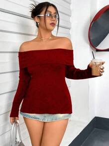 Flirla 女性大尺碼露肩毛衣 - 紅色 - 查看 4