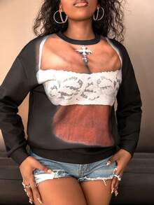 長袖印花衛衣 - 黑色 - 查看 3