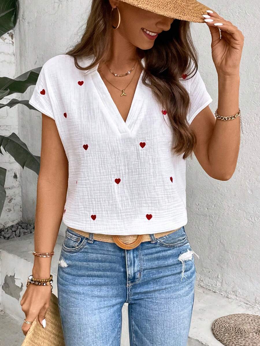 Calvaya Women's Love Embroidered V-Neck Shirt - White - View 1