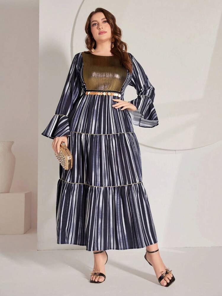 Plus Size Color Block Striped Dress With Metallic Panel And Flared Sleeves Kaftan Jalabiya Dress