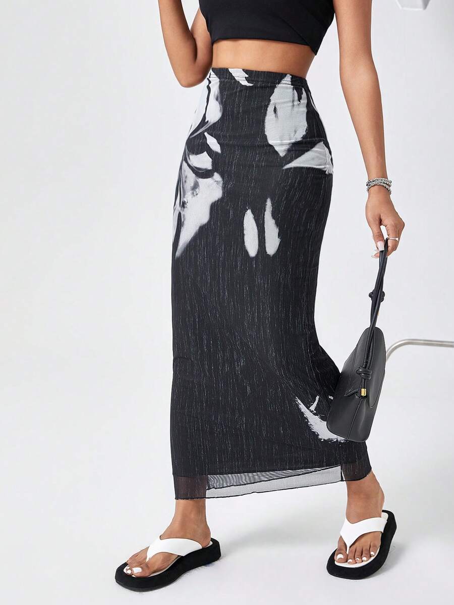 SHEIN Essnce Mesh Print Long Skirt - Black - View 1