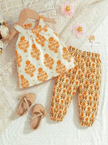 Baby Girl Printed Halterneck Top And Pants Suit - Multicolor - View 1