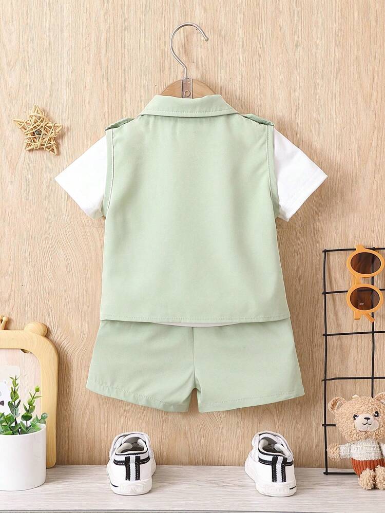 Baby Solid Color Short Sleeve T-Shirt, Tooling Vest And Shorts Set