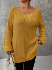 SHEIN LUNE Plus Size Solid Color Drop Shoulder Sweater - Yellow - View 4