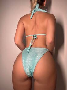 SHEIN Swim Summer Knotted Back Halter Chain Embellished Bikini Set