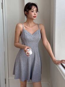 DAZY Women's Solid Color Ribbed Knit Cami Sleep Dress - Grey - View 4