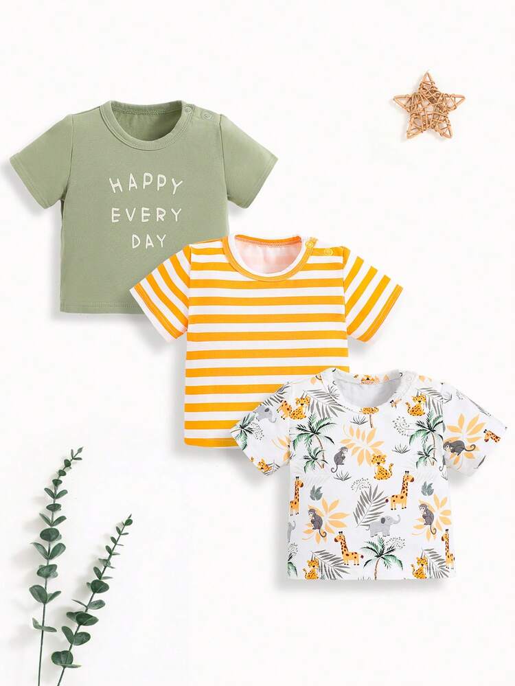 Baby Boys' Cartoon Animal Print Striped Round Neck Short Sleeve Top