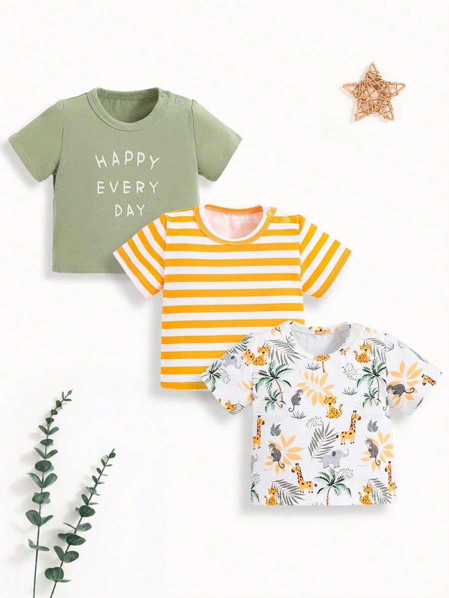 SHEIN Baby Boys' Cartoon Animal Print Striped Round Neck Short Sleeve Top