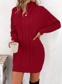 SHEIN LUNE 純色高領毛衣連身裙 - 紅色 - 查看 4