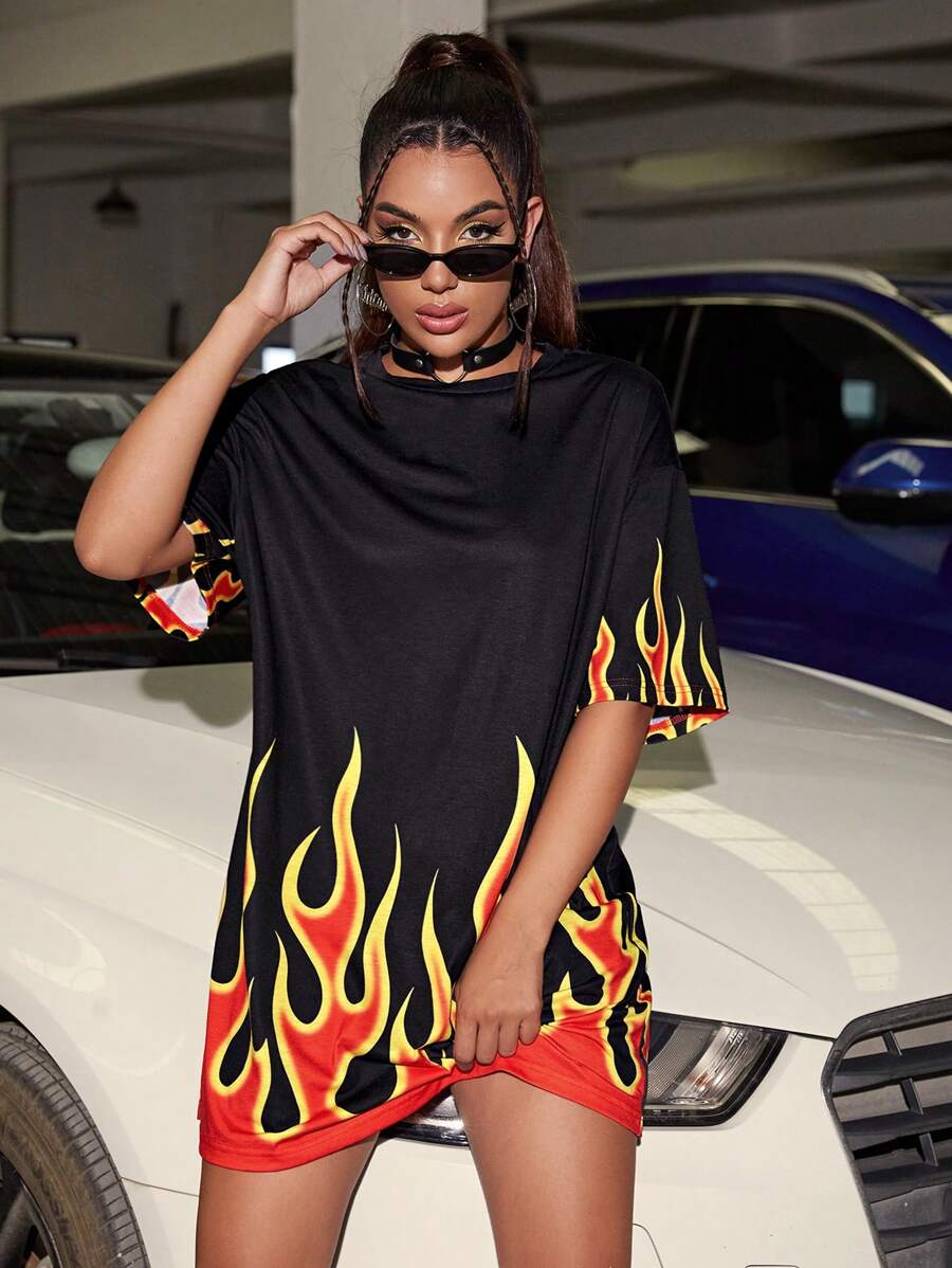 SHEIN EZwear Fire Print Drop Shoulder Tee Dress - Black - View 1