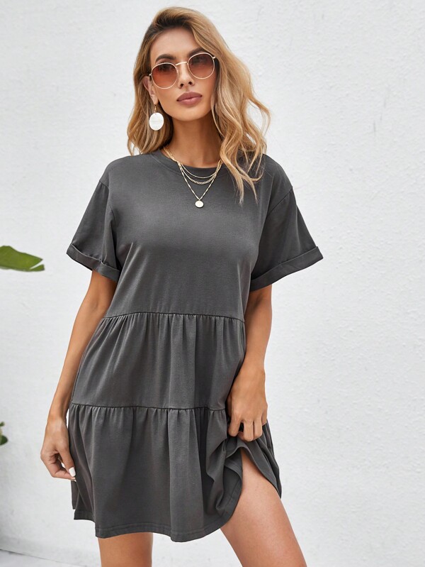 Breezaya Rolled Cuff Ruffle Hem Babydoll Dress Vacation Beach Outfits Women