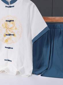 SHEIN Tween Boys' Comoda Camicia Casual A Maniche Corte Con Motivo A Bottoni In Tinta Unita Pantaloncini Hanfu Con Colletto Rialzato