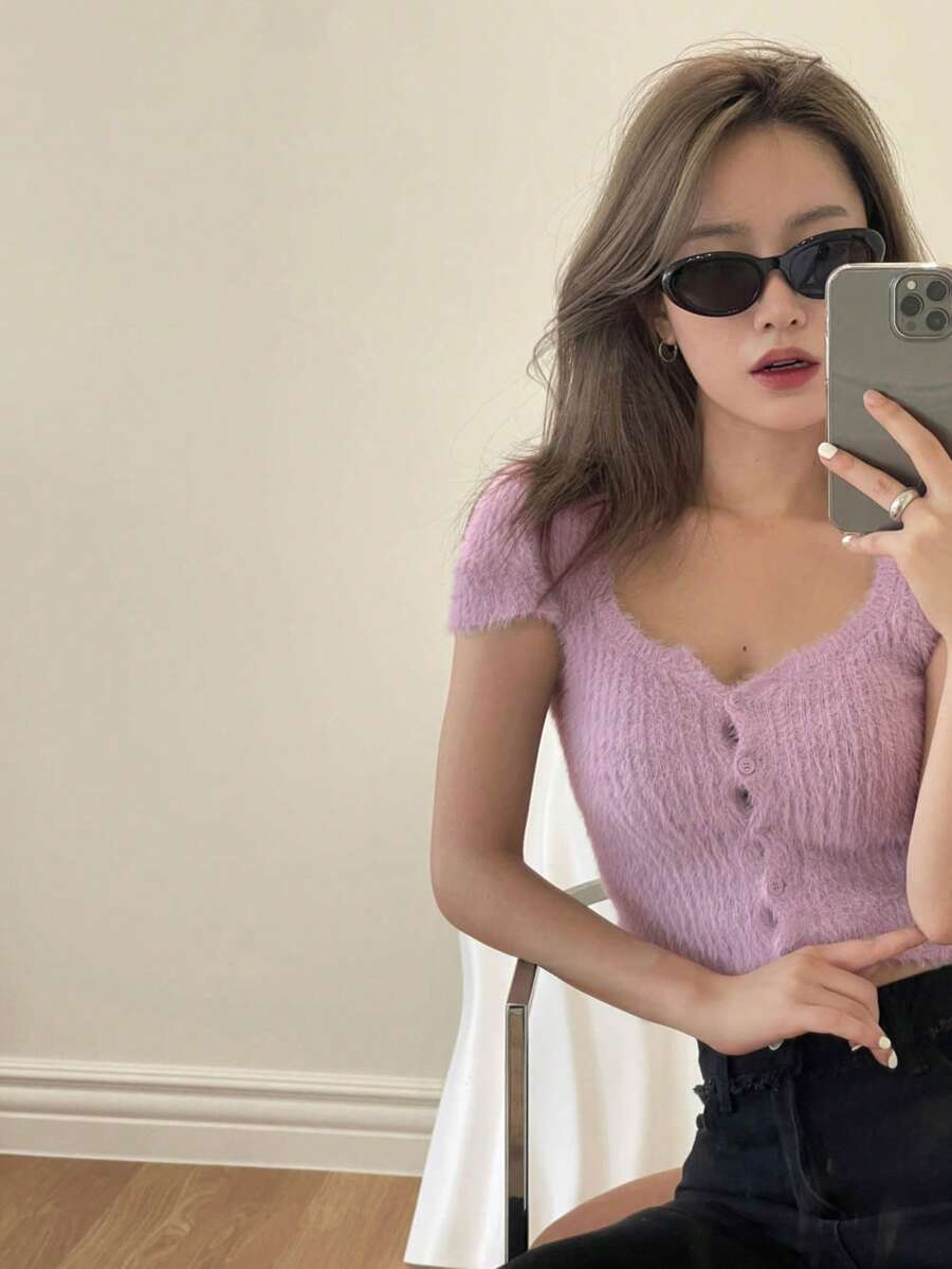 DAZY Của phụ nữ Ngắn Màu thuần Mở Không nút Dệt kim Áo - Hồng - Xem 1