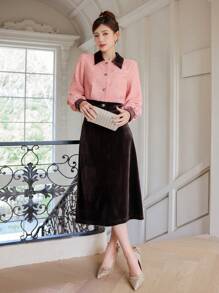 DAZY Women's Colorblock Jacket With Solid Color Knee Length Skirt Set, Women Two Pieces Sets,Fall Clothes - Pink - View 11