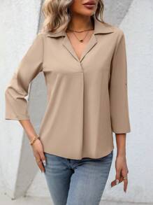 SHEIN Clasi Solid Color Long Sleeve Blouse,Three Quarter Sleeve Tops - Khaki - View 6