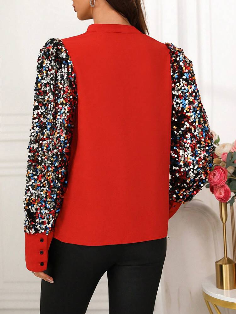 Women's Patchwork Sequined Long-Sleeve Notched V-Neck Shirt