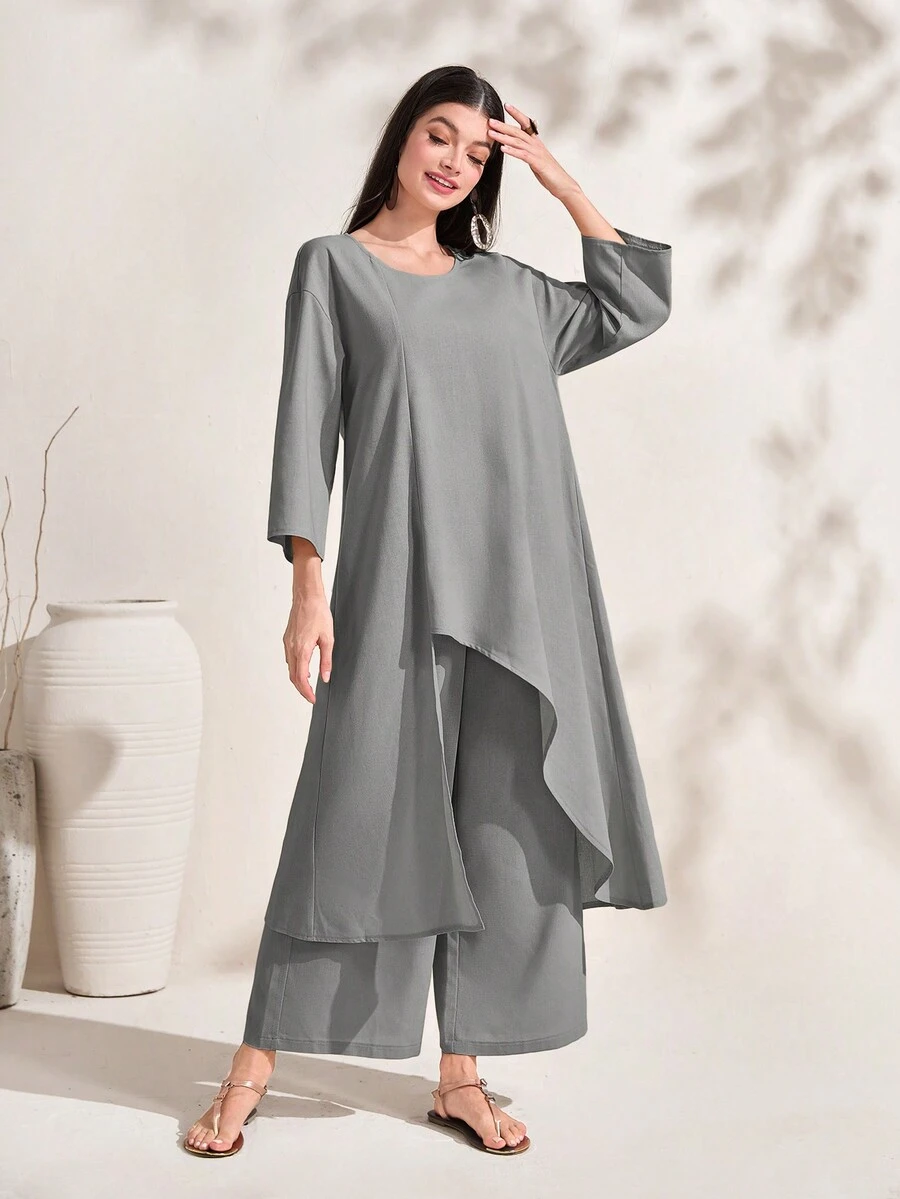 Al Najma Bộ đồ hai mảnh áo cổ tròn viền bất đối xứng và quần ống rộng cho nữ - Xám - Xem 1