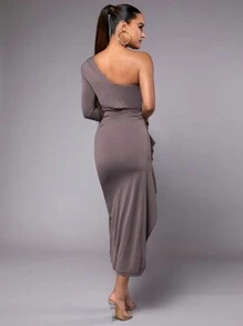 SHEIN BAE Ngày lễ tình nhân Năm mới Đêm trước Off-shoulder Một  vai Dài tay Xám Dải băng Cái nĩa cao Đầm - Xám - Xem 2