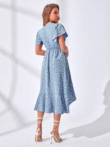 Breezaya Floral Print Ruffle Sleeves Knotted Side Wrap Dress