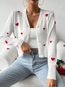 SHEIN LUNE 女士心形刺绣纽扣针织开衫套头毛衣，秋冬款 - 白色 - 查看 3