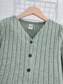 SHEIN Leap Crew Tween Girls' Basic Casual Knitted Solid Buttoned Long Sleeve Top With Cami Dress Set - Mint Green - View 6