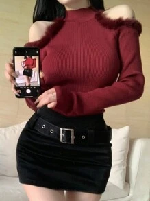 DAZY 女款拼布毛茸茸露肩毛衣 - 酒紅色 - 查看 5