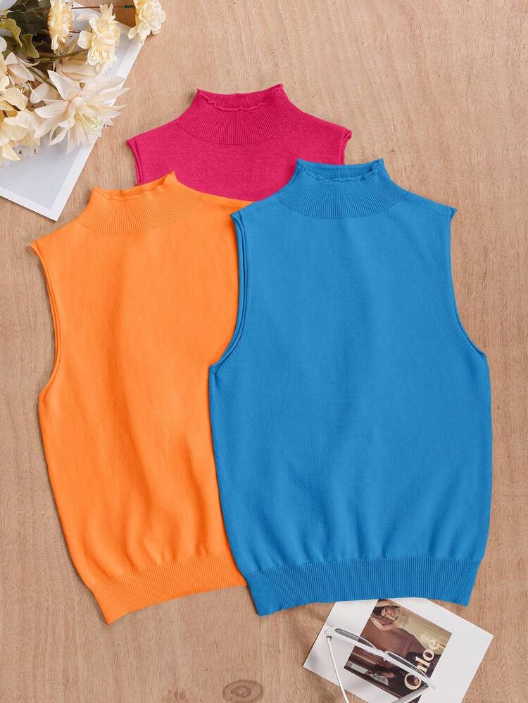 Women's Stand Collar Solid Color Knitted Top Three-Piece Set
