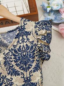 SHEIN 少女時裝優雅印花上衣褲子套裝 - 藍色 - 查看 8