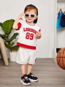 SHEIN Conjunto De Pantalones Cortos Y Top De Manga Corta Con Bloques De Color Deportivo Con Estampado De Letras Para Bebé Niño Y Niño