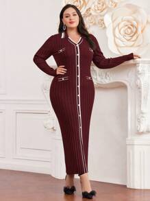 Modelyn 大碼拼色針織毛衣連衣裙,配對比色邊緣 - 酒紅色 - 查看 4