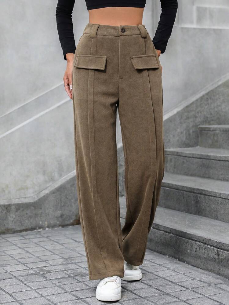 Solid Color Fake Pocket Trousers