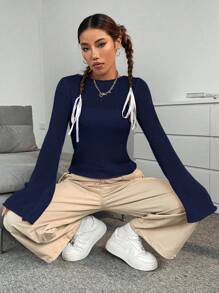 SHEIN Unity 百搭性感喇叭袖针织套头衫，适合秋冬季穿着 - 藏蓝色 - 查看 7