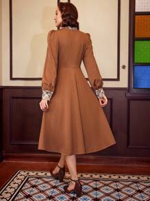 Vintamour Vintage Elegant Women's Plaid Splice Collar Tie Long Sleeve A-Line Dress - Brown - View 7