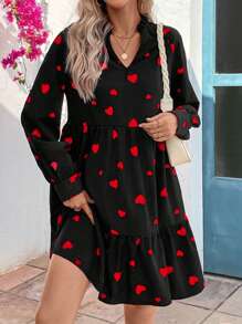 SHEIN LUNE Ladies Heart Pattern Doll Style Loose Dress Fall Cloth For Women - Black - View 4